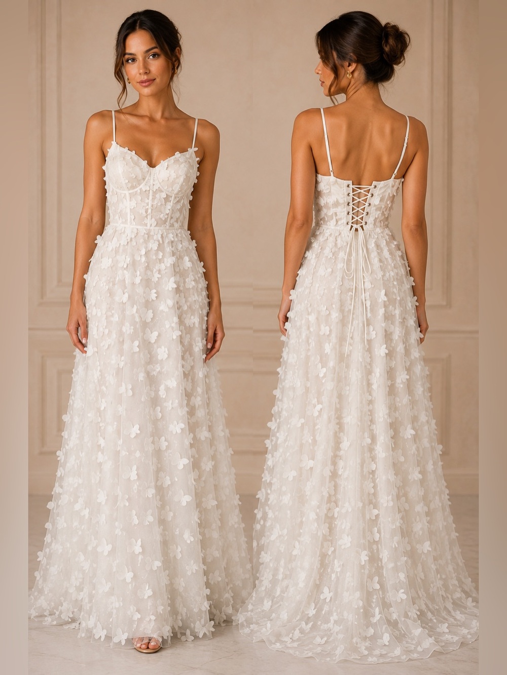 NWT Mable Ivory 3D Butterfly Corset Lace Up Maxi Prom Dress Gown Small HOCO Prom